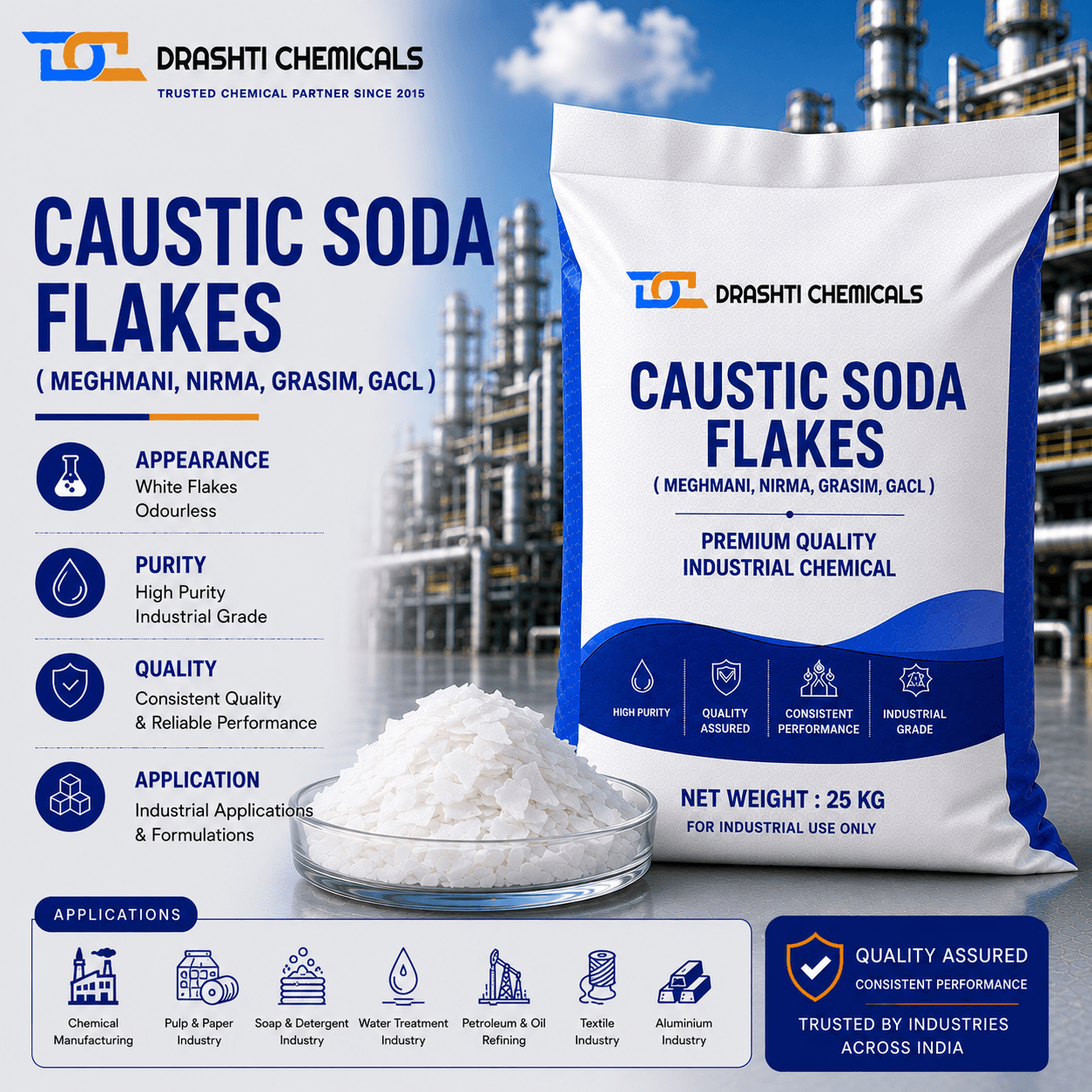 Sodium Hydroxide White flakes, 98-99% (CAS 1310-73-2) — bulk packaging and specification image, Drashti Chemicals Vadodara supplier
