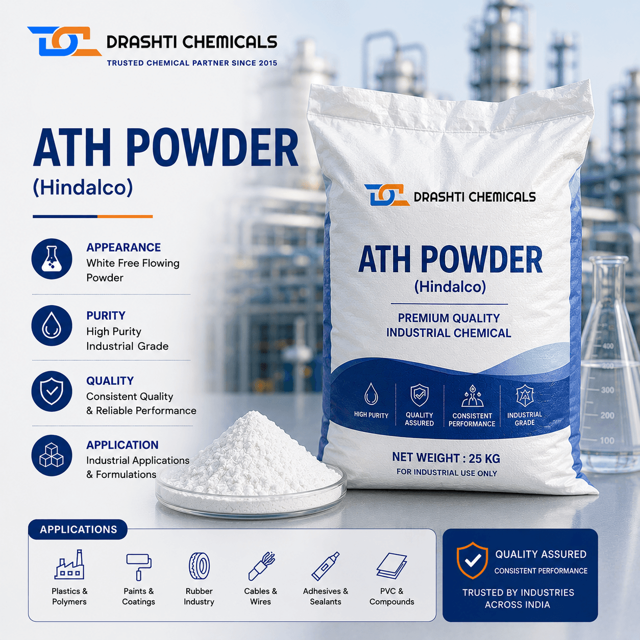 Copper Sulphate Powder, 99% (CAS 21645-51-2) — bulk chemical form, Drashti Chemicals Gujarat stockist
