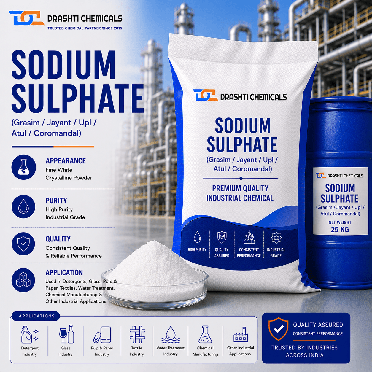 Sodium Sulphate Powder, Industrial Grade (CAS 7757-82-6) — bulk chemical form, Drashti Chemicals Gujarat stockist